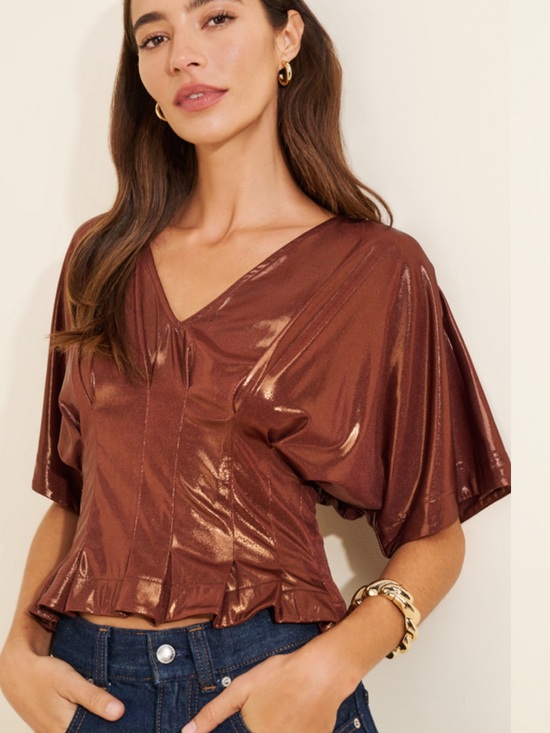 Maeve Tops - Maeve Shine Pleated Dolman Top in Copper